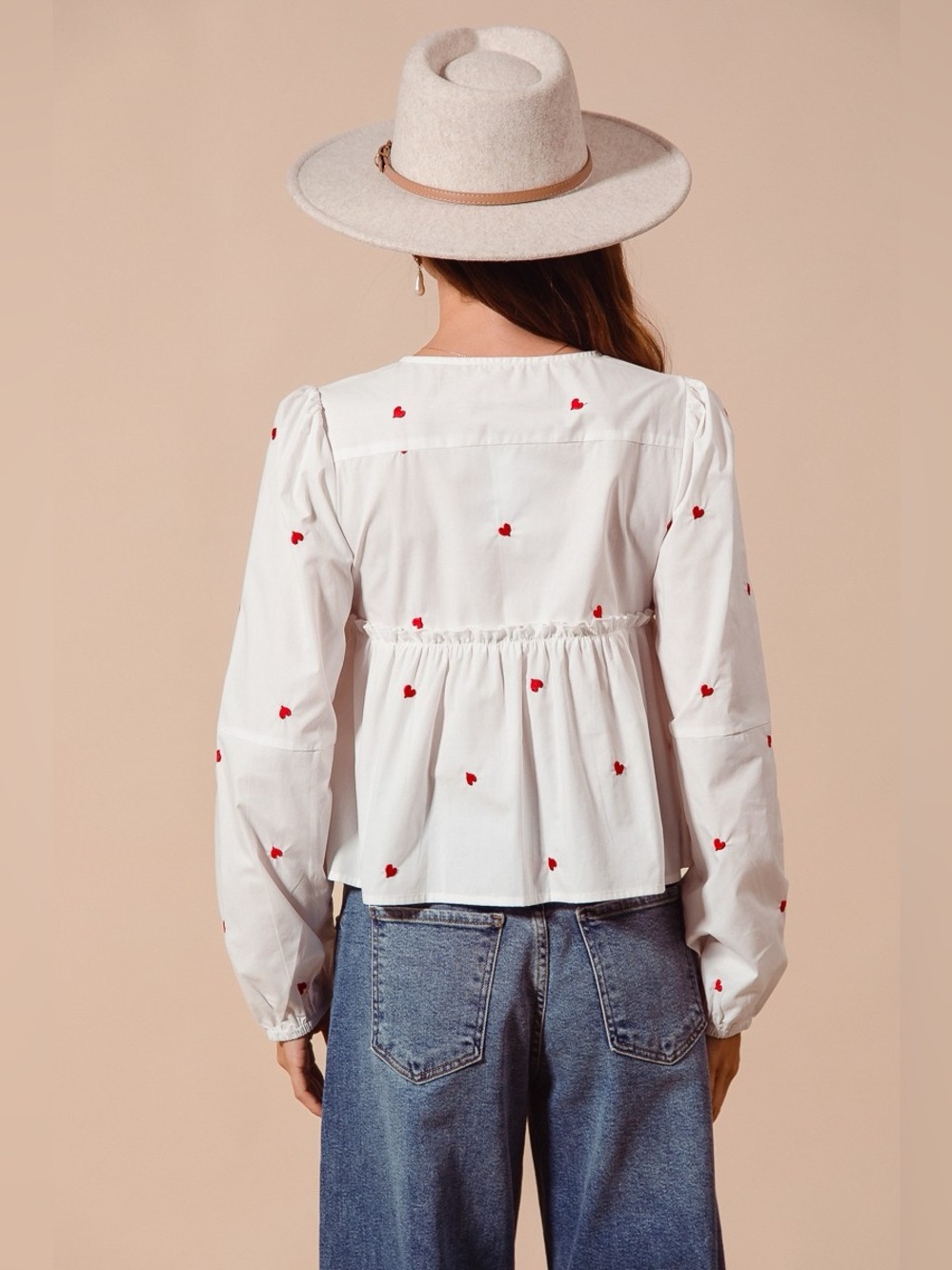SO ME Front Tie Heart Embroidered Blouse With Puff Sleeve - Picture 10 of 11